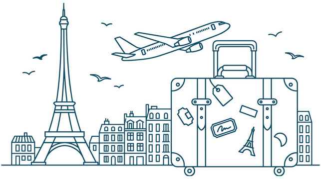 Outline illustration of paris travel theme with eiffel tower and suitcase.
