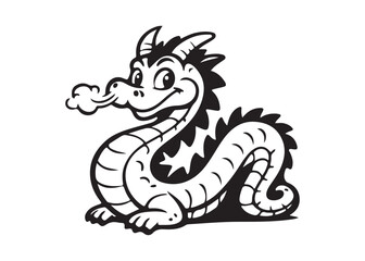 Fototapeta premium Friendly Cartoon Dragon Puffing Smoke Whimsical Fantasy Character Vector Illustration Black White