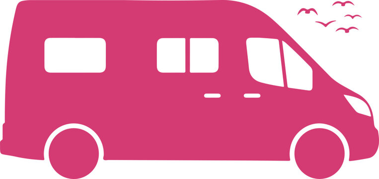 Bright pink stylized minibus illustration with birds flying above isolated on transparent background