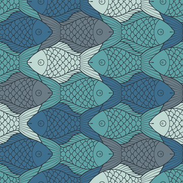 Seamless vector fish tessellation pattern in blue tones for modern marine textile and packaging design
