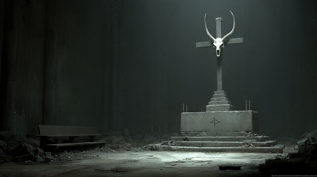 Stone cross topped with bull skull in ancient ruins. Historical monument symbolizing death and ritual. Dark atmospheric scene for gothic themes and historical storytelling.