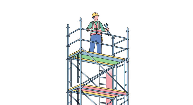 Man working on construction scaffolding high.