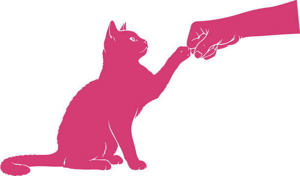 Cute black cat sitting and gently sniffing a human hand with transparent background