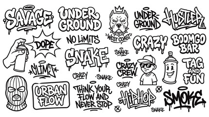 Urban graffiti tag sketches set with street art lettering elements. © NAZMA