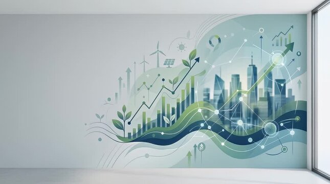 The scene opens in a bright office space featuring a vibrant mural depicting a cityscape intertwined with elements of nature and data visualization. As the camera begins to push in gently, the green a