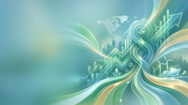 The scene opens in a light, softly blurred environment, featuring abstract green and blue energy graphics, symbolizing growth and sustainability. Slowly, the vibrant lines and icons begin to emerge, r