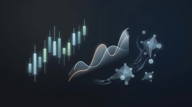 The scene opens in a dimly lit environment, highlighting glowing financial graphs and digital data points against a dark background. Subtle digital particles drift into view, gradually assembling into