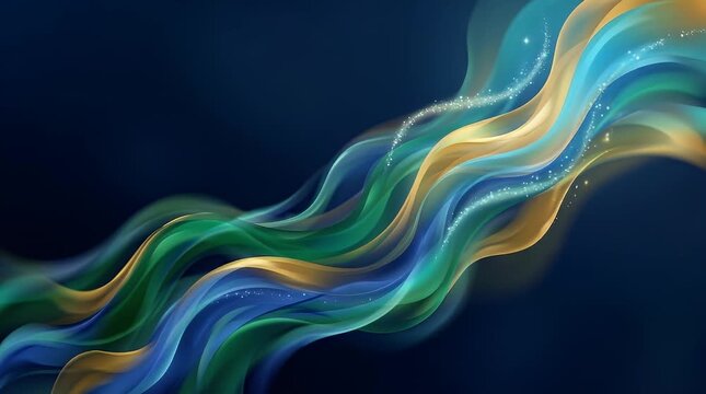 The scene opens in a dimly lit environment with soft ambient glow, showcasing colorful flowing waves in rich shades of blue, green, and gold, gently swirling against a dark background. As the motion b