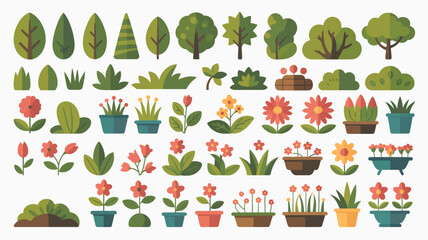 This colorful illustration displays a variety of stylized floral and botanical elements including trees shrubs flowers and potted plants high quality professional detailed modern elegant stylish © Digishopppp