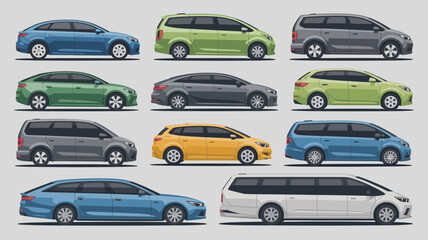 Fototapeta premium A colorful arrangement displays nine different modern station wagon and minivan vehicle designs in a side profile view high quality professional detailed elegant stylish clean crisp