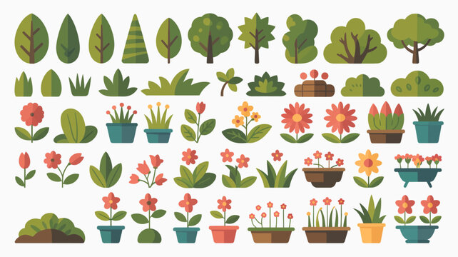 This colorful illustration displays a variety of stylized floral and botanical elements including trees shrubs flowers and potted plants high quality professional detailed modern elegant stylish