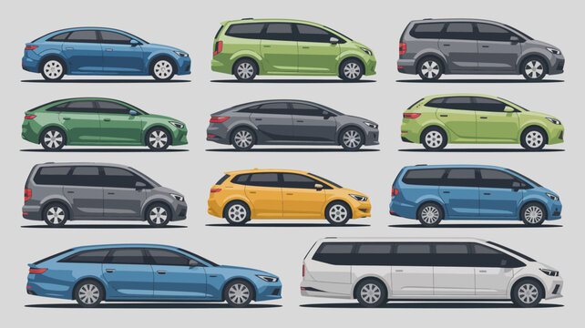 A colorful arrangement displays nine different modern station wagon and minivan vehicle designs in a side profile view high quality professional detailed elegant stylish clean crisp