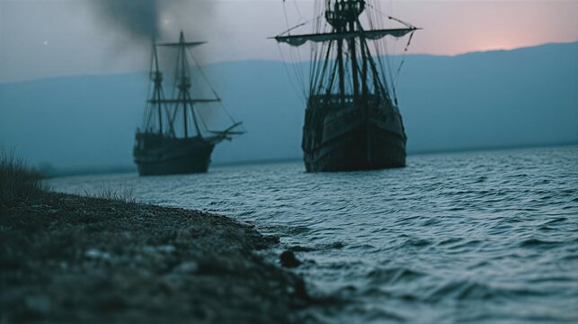 Two ancient sailing ships drifting on misty lake at sunset. Eerie silhouettes of wooden galleons with smoke trailing