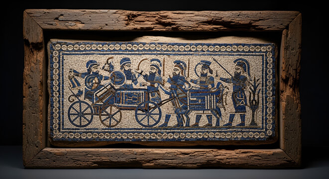 Ancient Mesopotamia art of war chariot and soldiers in mosaic