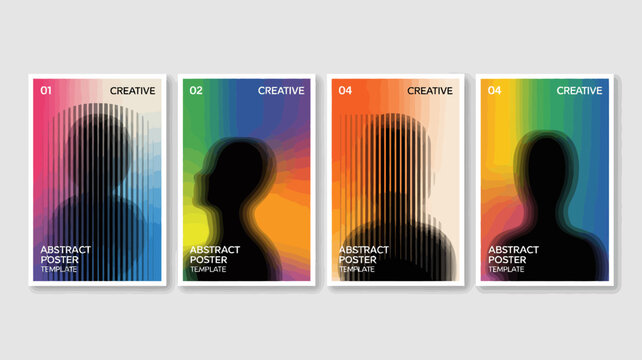 A set of four abstract posters showcases a silhouetted face overlaid with colorful vertical line gradients and the text creative high quality professional detailed modern elegant