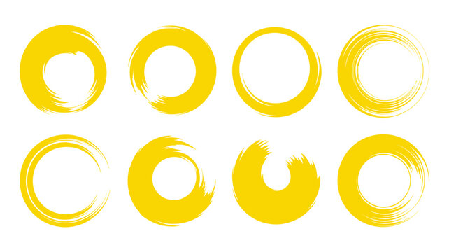 A collection of eight vibrant yellow circular brush strokes arranged in a two by four grid on a clean white background high quality professional detailed modern
