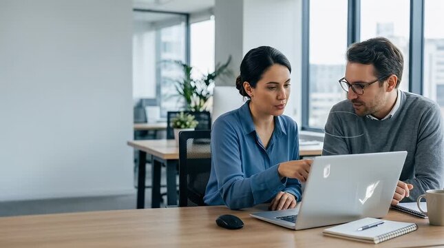 The scene opens in a bright, modern office environment with large windows allowing natural light to flood the space. Two professionals, a man and a woman, are seated at a wooden table, engaged in a di