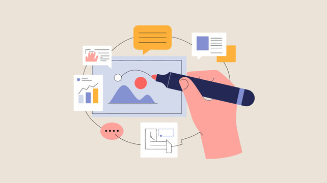 A hand uses a marker to draw on a tablet displaying charts and graphs representing data analysis and digital workflows high quality professional detailed modern elegant