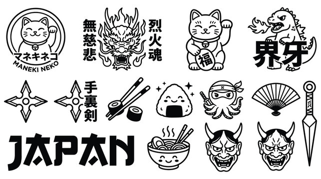 Asian culture line art set with traditional japanese maneki neko lucky cat.