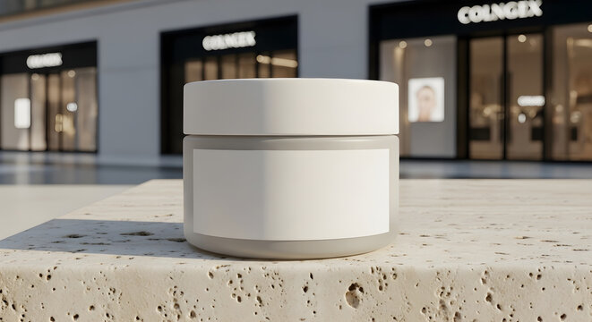 Blank cosmetic cream jar with a white lid and an empty label sitting elegantly upon a textured stone surface ready for your own custom branding design and logo display in this high quality professiona