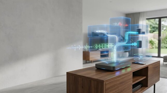 The scene opens in a sleek modern office with a soft bokeh background, where a stylish device sits on a wooden table. As the camera gently pushes in, holographic data interfaces slowly emerge above th