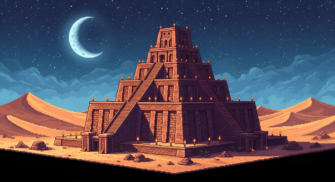 Mesopotamia art pixel style ancient ziggurat under desert moon