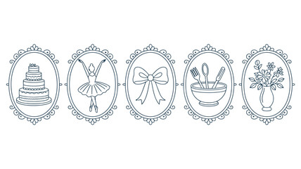 A collection of five ornate frames displays delicate line drawings featuring a cake ballerina bow dining set and flowers high quality professional detailed modern elegant stylish © Digishopppp