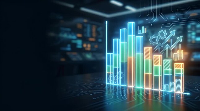 The scene opens in a sleek, modern office environment with a dark background and glowing digital interfaces. A vibrant bar graph materializes, slowly drifting upward with soft, neon colors of green, b