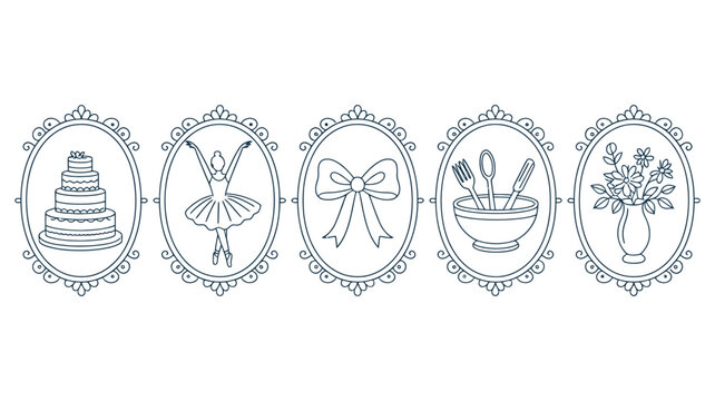 A collection of five ornate frames displays delicate line drawings featuring a cake ballerina bow dining set and flowers high quality professional detailed modern elegant stylish