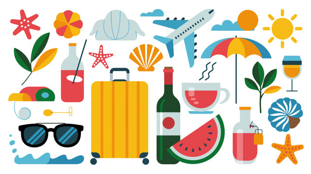 A colorful flat lay illustration depicts various summer vacation elements including travel accessories beach items and refreshing drinks high quality professional detailed modern elegant stylish clean