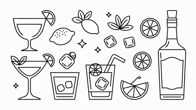 A linear illustration displays various cocktail elements including glasses citrus fruits ice cubes and a bottle in a minimalist style high quality professional detailed modern elegant