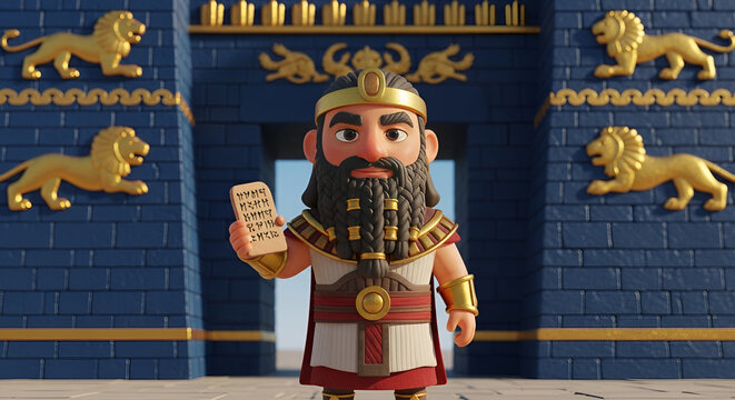 Mesopotamia Art Style Cartoon King Holding a Cuneiform Tablet