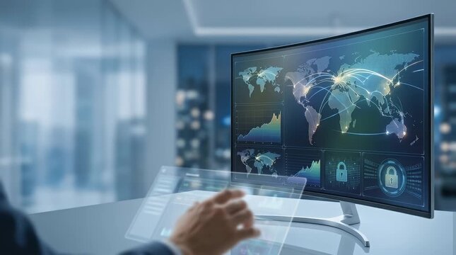 In a modern office space, a person is positioned in front of a sleek curved monitor displaying holographic data visualizations. Soft ambient lighting casts a professional glow throughout the room, cre
