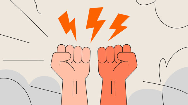 Two clenched fists one pale orange and one burnt orange are raised with orange lightning bolts emanating upwards high quality professional detailed modern elegant stylish clean