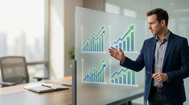 The scene opens in a modern office with a bright background, showcasing a business professional standing beside a transparent screen displaying animated graphs. As the video begins, the hand of the pr