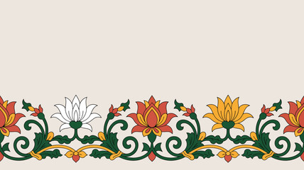 A seamless border showcases stylized floral motifs in vibrant colors featuring lotus blossoms and lush green foliage high quality professional detailed modern elegant stylish clean crisp © Digishopppp