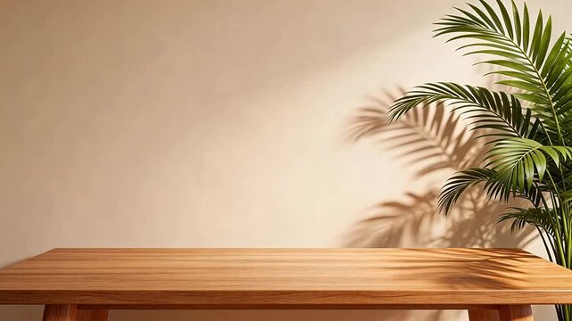 Wooden table with plant shadow on wall