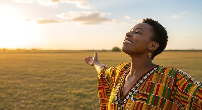 A joyful African American woman celebrates freedom and spiritual connection in a sun-drenched natural landscape, embracing the beauty of life.