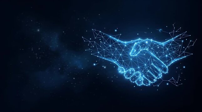 The scene opens in a dark environment, with a faint ambient glow illuminating the surrounding space. A glowing holographic handshake icon begins to emerge gently from digital particles that drift in, 