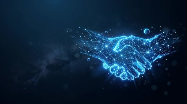 In a dimly lit digital environment, a glowing holographic handshake begins to materialize, surrounded by subtle ambient particles. The digital elements drift gently into view, assembling into a three-