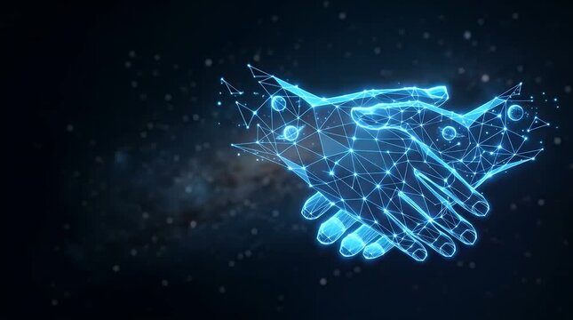 In a blurred cosmic background, a pair of glowing holographic hands emerges gently from the edges of the frame, symbolizing a digital handshake. As the hands approach each other, intricate geometric p