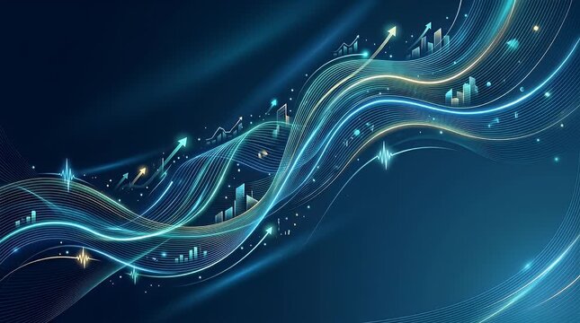 The scene opens in a dimly lit environment, featuring a flowing backdrop of luminous waves and digital elements representing data visualization. Gentle particles drift into view as vibrant lines and a