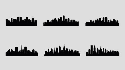 Fototapeta premium A minimalist composition displays six distinct black city skylines against a pale gray backdrop showcasing urban landscapes high quality professional detailed modern elegant stylish clean crisp