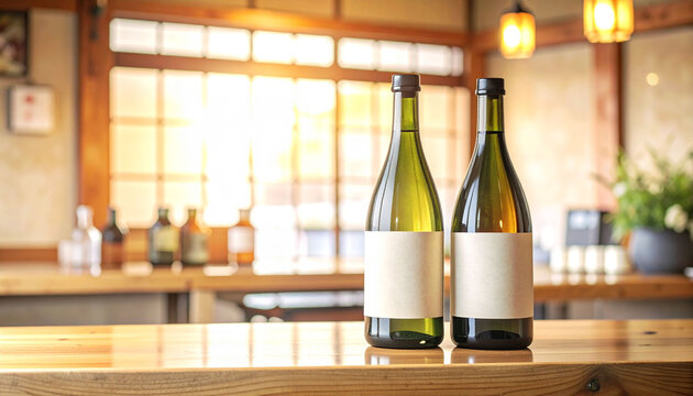 木製のカウンターに並んだラベルが空欄の日本酒ボトル　和食店や居酒屋の店内を背景にしたお酒の商品紹介やメニュー広告に最適なコピースペース付き写真素材