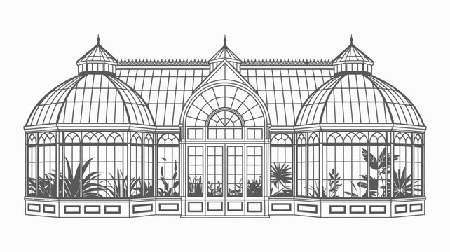 An intricate line drawing depicts a vintage victorian greenhouse with multiple domes and arched windows showcasing botanical details high quality professional detailed modern elegant stylish clean
