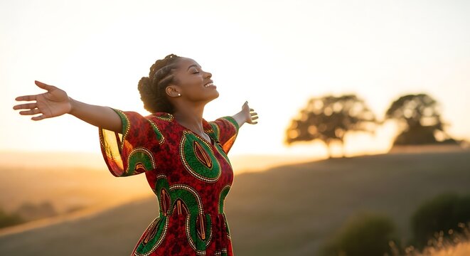 A vibrant African American woman celebrates liberation and cultural heritage with outstretched arms, basking in the warm glow of a golden sunset.