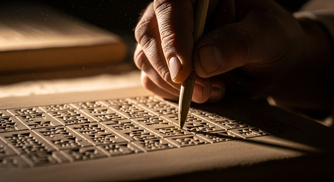 Ancient Scribe Creating Mesopotamia Art on Clay Tablet