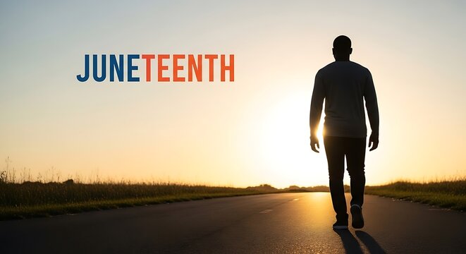 A lone figure walks towards a hopeful sunset, symbolizing the journey of freedom and the celebration of Juneteenth, a significant day in American history.