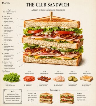  S&aacute;ndwich club en capas con pollo, bacon y verduras con esquema de ingredientes en estilo plano, ilustraci&oacute;n vectorial.
