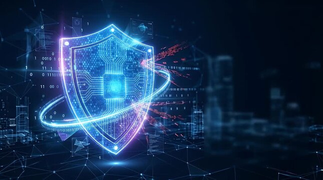 In a dimly lit digital environment, a faint ambient glow reveals a holographic cybersecurity shield. Digital particles gently drift in, assembling the shield into a radiant icon surrounded by binary c
